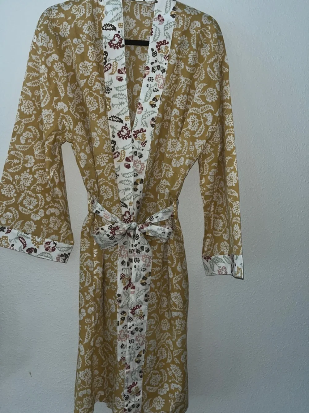 Pottery Barn Mustard Yellow & White Floral Cotton Robe, belt tie Sz M